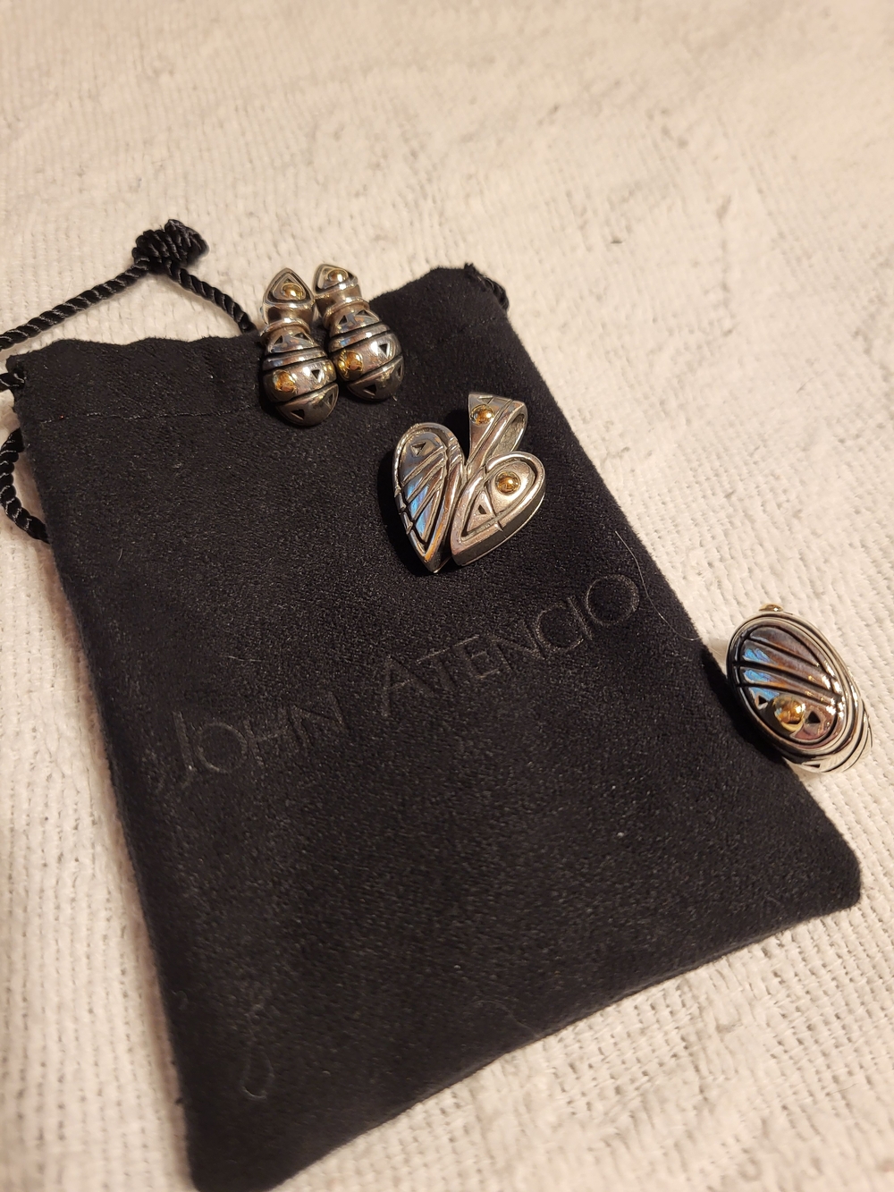 John Atencio Sterling Silver & 18K Gold Heart Pendant, Ring and Earrings Set